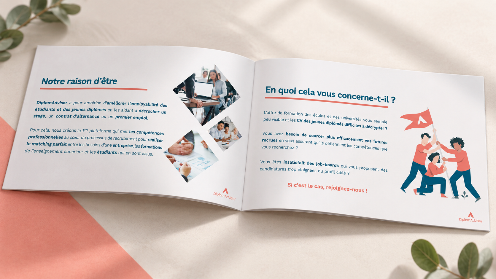 Plaquette DiplomAdvisor ouverte sur deux pages intérieures