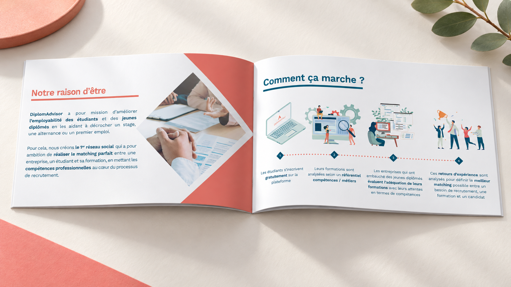 Plaquette Écoles DiplomAdvisor ouverte sur deux pages intérieures