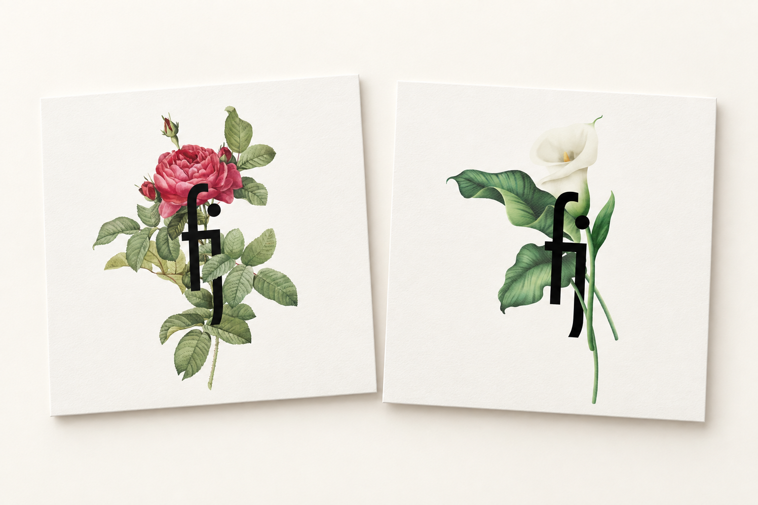 Deux cartes postales florales Fabien Joly présentées dans un mockup épuré