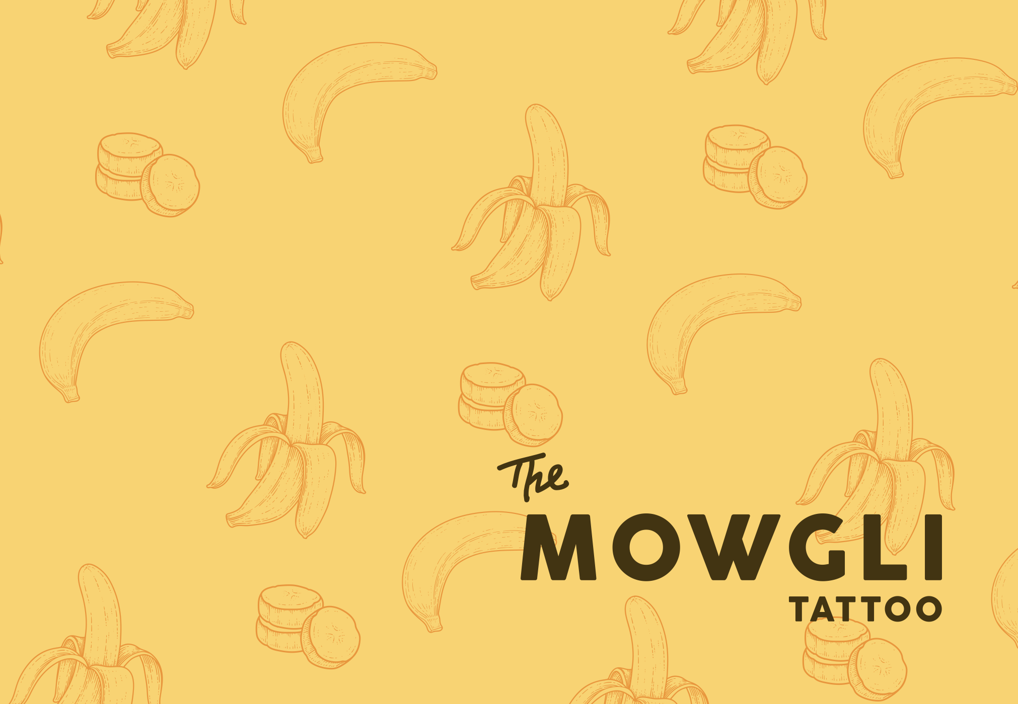 Identité visuelle Mowgli Tattoo sur un motif de bananes